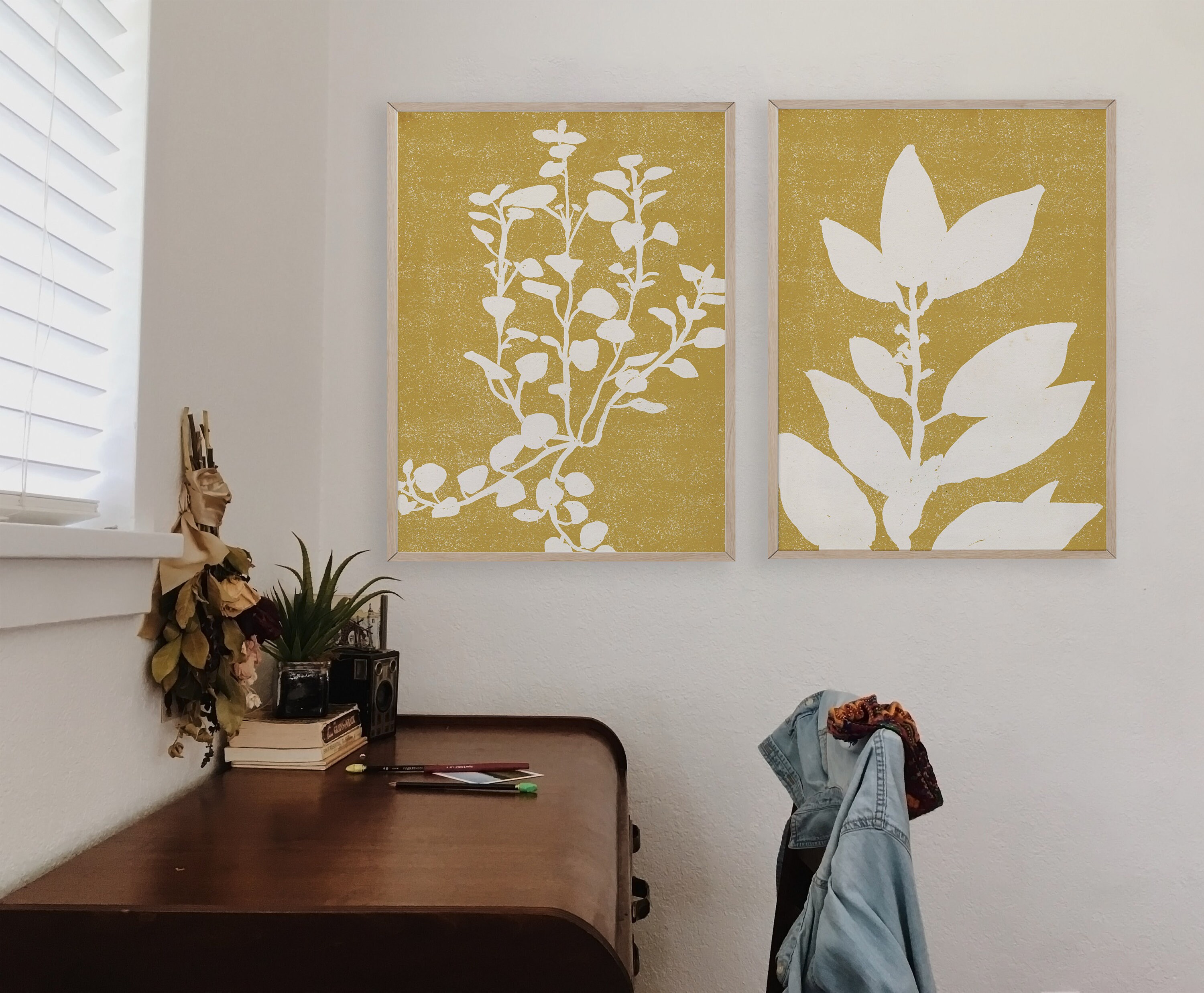 Mustard Yellow Wall Art Set of 4, Abstract Botanical Wall Decor