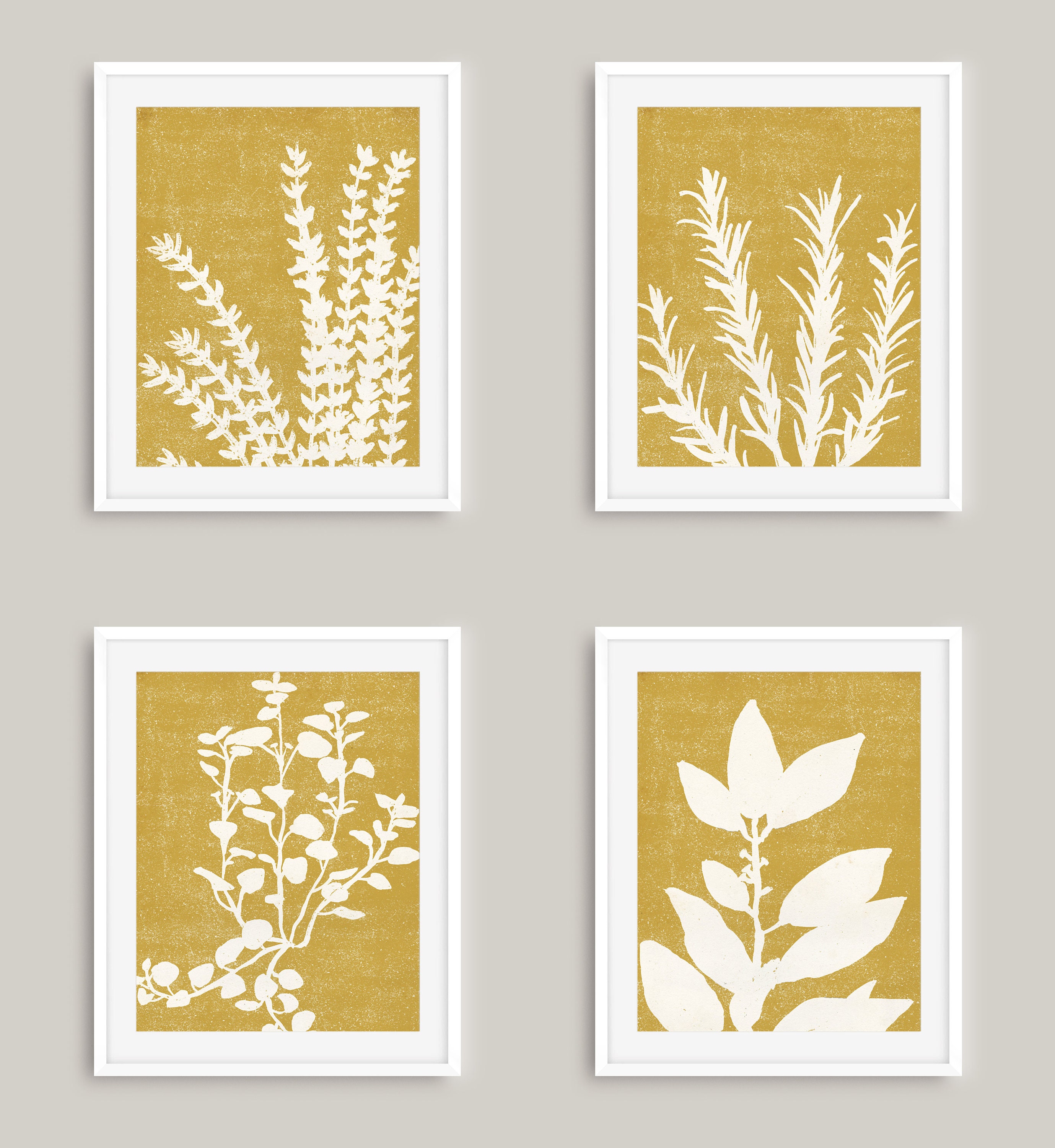 Mustard Yellow Wall Art Set of 4, Abstract Botanical Wall Decor