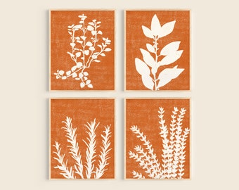 Burnt Orange Wall Art Set Of 4, Earth Tones Wall Decor, Abstract Botanical Print, Orange Printable Poster Set, 70s Inspired Printable Art