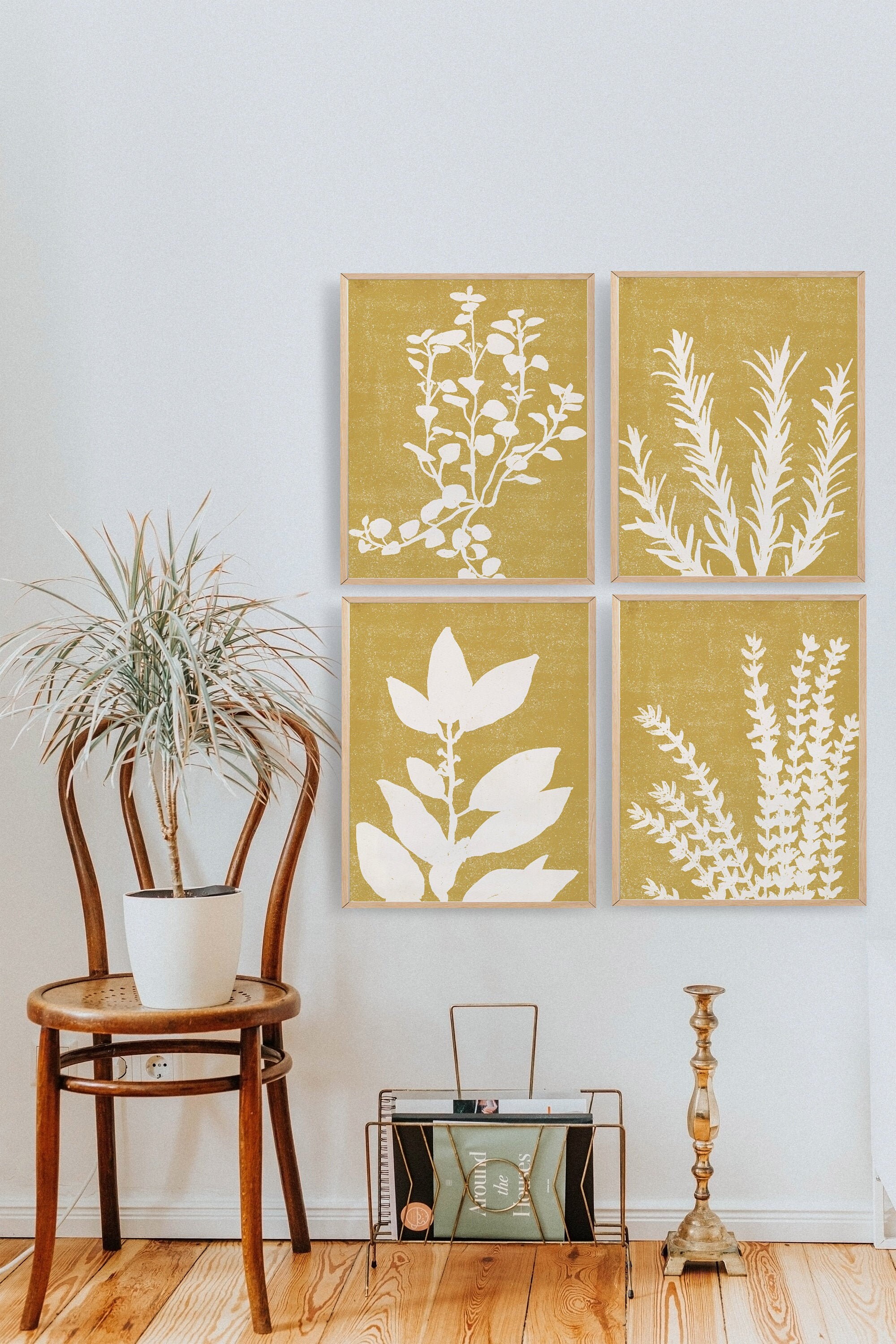 Mustard Yellow Wall Art Set of 4, Abstract Botanical Wall Decor