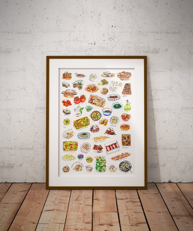 Greek Food Digital Wall Art, Food Printable, Kitchen Wall Art, Digital Download, Whimsical Art Print, Instant Download, 8x10, 8.5x11, 18x24 image 4