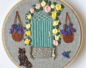 Mint door with flowers and kitten hand embroidery hoop art wall hanging, home decor, wall art, embroidered Hoop Decor