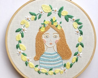 Girl with lemons, hand embroidery hoop art wall hanging, home decor, wall art, embroidered Hoop Decor