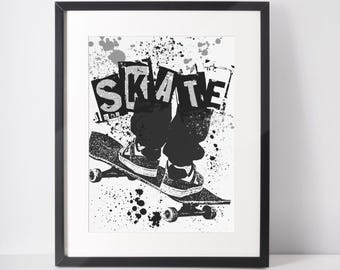 Urban Skateboard Art Print, Black White Minimalist Style, Teen Bedroom Decor