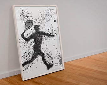 Tennis Player Art Print: Black & Grey Minimalist Sports Decor