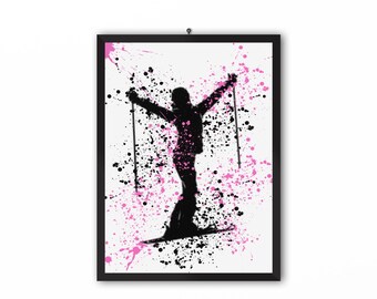 Skiing Silhouette Print, Pink Splatter Art, Winter Sports Poster
