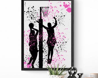 Netball Player Print, Teen Girl Bedroom Decor, Pink Wall Art, Netball Gift