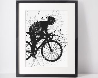 Cyclist Wall Art Print, Minimal Black Silhouette, Teen Sports Room Decor