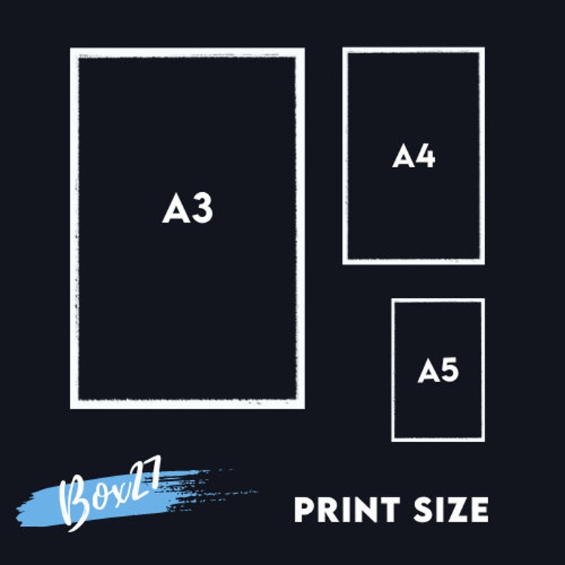 May include: A white graphic on a black background shows three different sizes of paper: A3, A4, and A5. The text "PRINT SIZE" is below the graphic. The text "Box27" is written in blue and white on a white background.