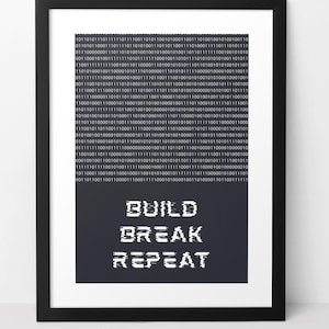 May include: A framed monochrome print featuring a binary code pattern and the text "BUILD BREAK REPEAT" in a distorted, glitch-style font.