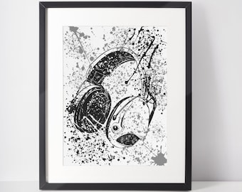 Headset Teen Room Print: Black & Gray Music Poster