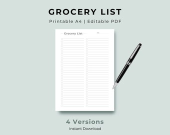 Grocery list, Printable Grocery List, Food Shopping List, Simple Grocery List Template, Printable & Fillable PDF, A4