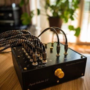 May include: A black audio input selector box with a brushed metal top surface. It features multiple gold-tipped cables plugged into the top, a single gold rotary knob on the front, and white text labels including Input, Output, and Input Selector 2.6.