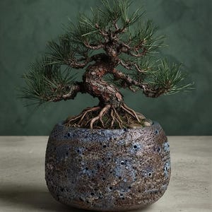 Może przedstawiać: Małe drzewko bonsai sosnowe ze skręconym, teksturowanym brązowym pniem i ciemnozielonymi igłami, posadzone w okrągłej, porowatej ceramicznej doniczce z nakrapianą niebiesko-brązową glazurą o szorstkiej, porowatej powierzchni i widocznymi małymi kamykami.