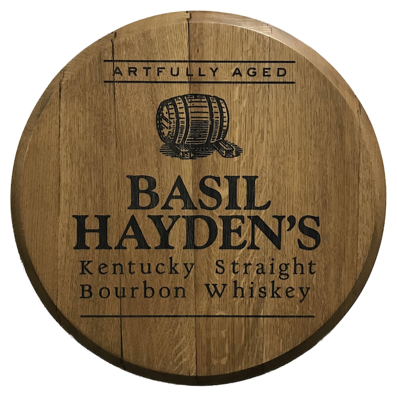 Real Reclaimed and Refinished Barrel Head with Beautiful Basil Haydens Bourbon Whiskey Engraving Laser Engraved Basil Hayden/'s Barrel Head