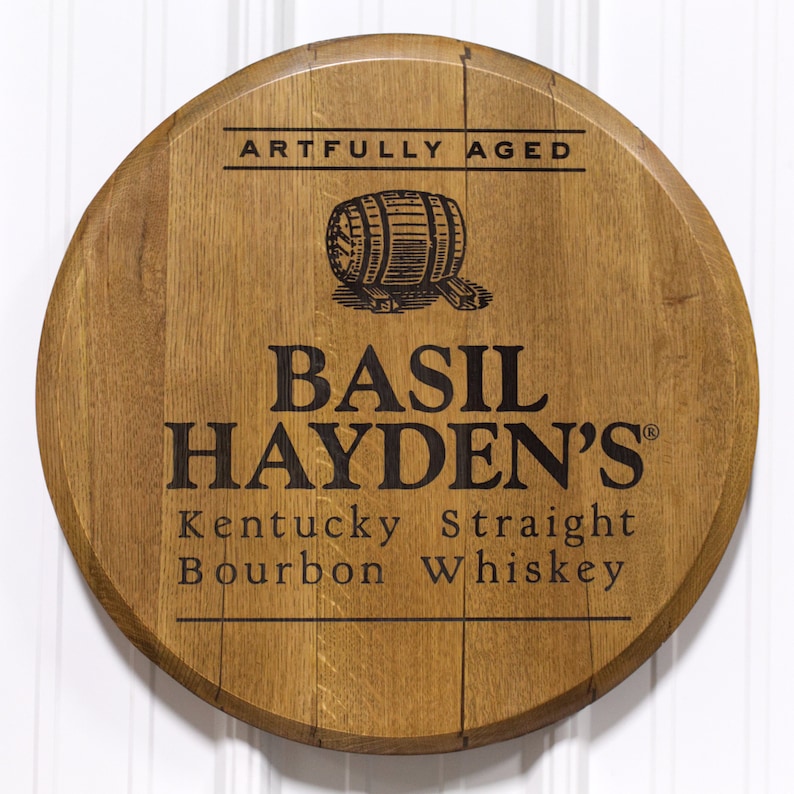 Real Reclaimed and Refinished Barrel Head with Beautiful Basil Haydens Bourbon Whiskey Engraving Laser Engraved Basil Hayden/'s Barrel Head