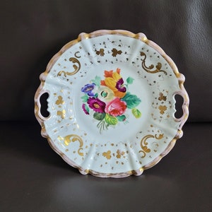 Antique porcelain plate with handles, handpainted with flowers and gilt rim, marked Carl Tielsch Altwasser 1845-1850