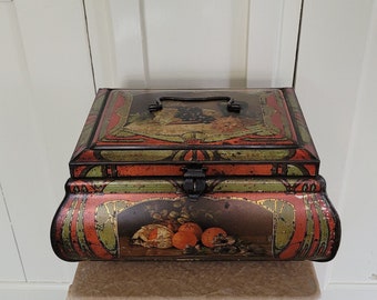 Grande scatola antica Jugendstil o Art Nouveau con coperchio, manico e varie immagini di frutta