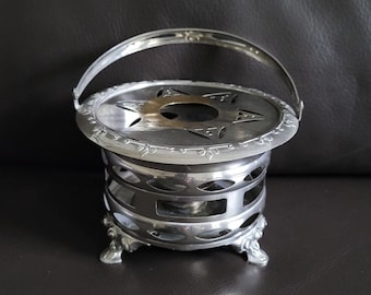 Antique round galvanized Jugendstil or Art Nouveau teapot warmer with handle, including reservoir, wick and wick holder