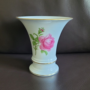 Vintage porcelain trumpet vase with transfer of roses and gilt trim, marked Furstenberg (Series Alt Furstenberg- Rose)