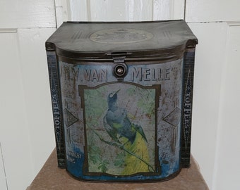 Boîte à provisions bleue antique Van Melle pour fudge avec des images d'oiseaux