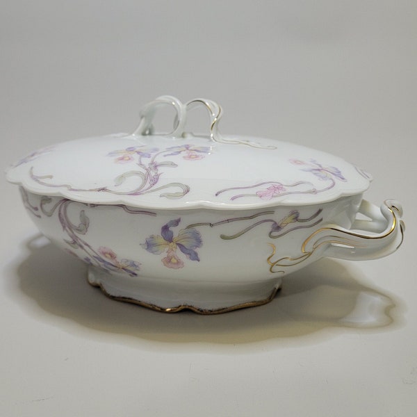 Antique porcelain Rosenthal lidded tureen with graceful handles, model Iris and pattern Orchid (1920)