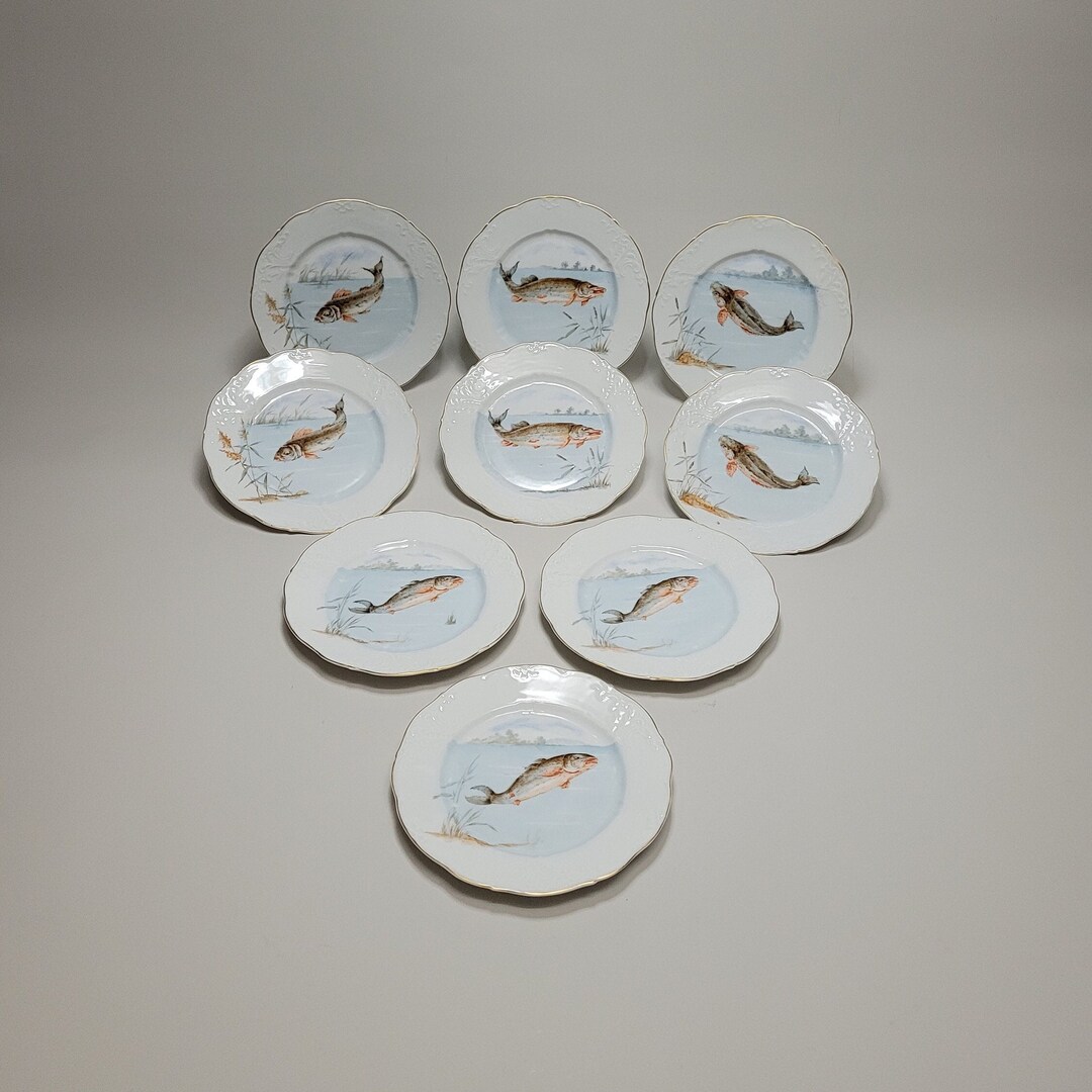Antique Porcelain Plates 9x With Transfer of Fishes and Gilt Etsy