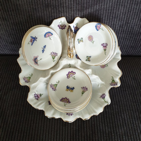 Porcelain Serving Set With Handle and 9 Small Saucers Etsy