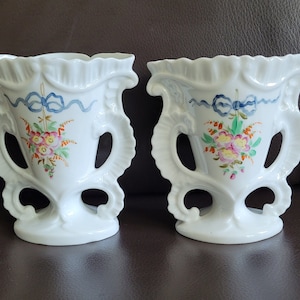Antique TP porcelain cornet vases, rococo revival bud vases, pair ca. 1900–1920