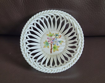 Vintage porcelain woven basket or bowl, hand painted with flowers and leaves, marked Herend 7372 VBO, Queen Victoria