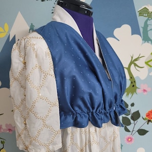 Spencer Regency reversibile: seta artificiale dorata e cotone blu, stile Bridgerton, taglie 36-40