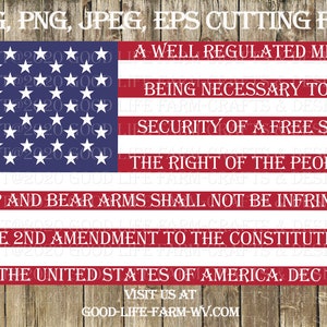 Pode incluir: Uma bandeira americana vermelha, branca e azul com o texto "A well regulated Militia, being necessary to the security of a free State, the right of the people to keep and bear Arms, shall not be infringed. The 2nd Amendment to the Constitution of the United States of America. Dec 1791." A bandeira está sobre um fundo de madeira.
