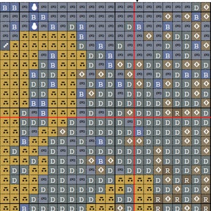 May include: A cross-stitch pattern chart with a blue, yellow, and white color scheme. The chart is divided into squares, each containing a symbol representing a different color of thread. The pattern depicts a stylized image of a bird.