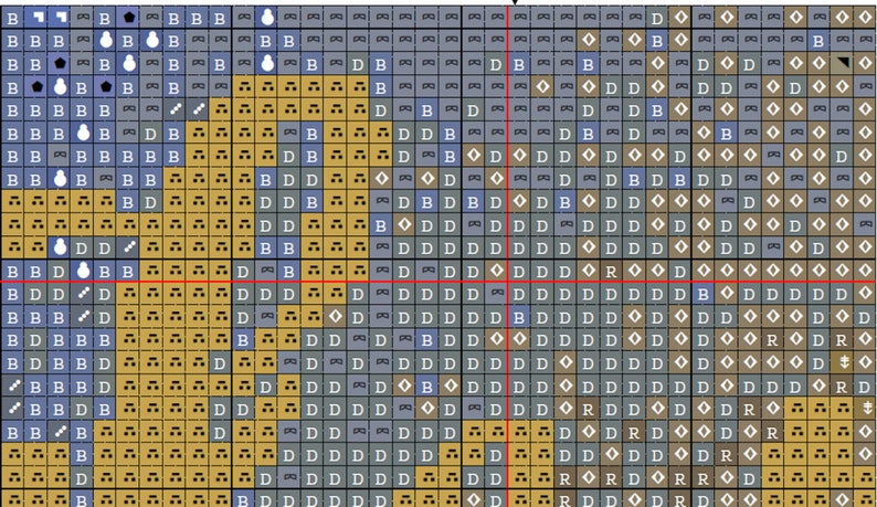 May include: A cross-stitch pattern chart with a blue, yellow, and white color scheme. The chart is divided into squares, each containing a symbol representing a different color of thread. The pattern depicts a stylized image of a bird.