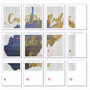 May include: A set of 12 cross-stitch patterns featuring country-themed words and phrases, including "Country Road", "Take Me Home", and "Home Sweet Home". The patterns are printed on white paper with black grid lines.