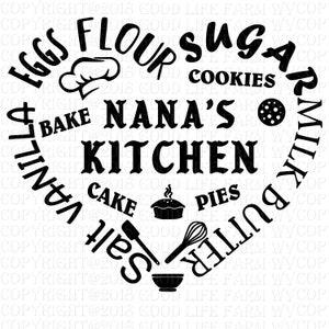 May include: Black and white heart-shaped design with the text "Nana's Kitchen" in the centre. Surrounding the text are various kitchen-related words like "eggs", "flour", "sugar", "cookies", "bake", "vanilla", "salt", "butter", "milk", "cake", "pies".