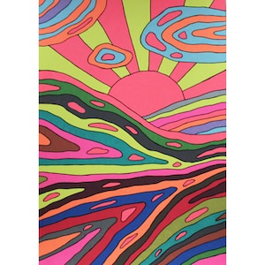 Landscape Neon Painting Colorful Original Art Psychedelic Artwork Trippy Surrealism Kids Room Wall Art 12&quot; x 8&quot; inches by NikaDemenko
