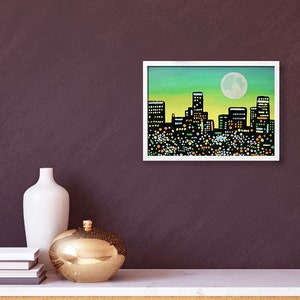 Los Angeles Skyline Painting Urban Landscape Original Art 7 x 9 pouces par NikaDemenko City Abstract Cityscape Wall Art Full Moon image 5