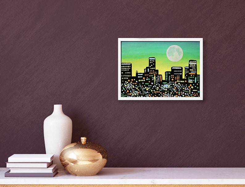 Los Angeles Skyline Painting Urban Landscape Original Art 7 x 9 pouces par NikaDemenko City Abstract Cityscape Wall Art Full Moon image 5