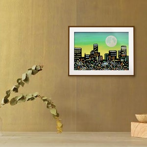 Los Angeles Skyline Painting Urban Landscape Original Art 7 x 9 pouces par NikaDemenko City Abstract Cityscape Wall Art Full Moon image 9