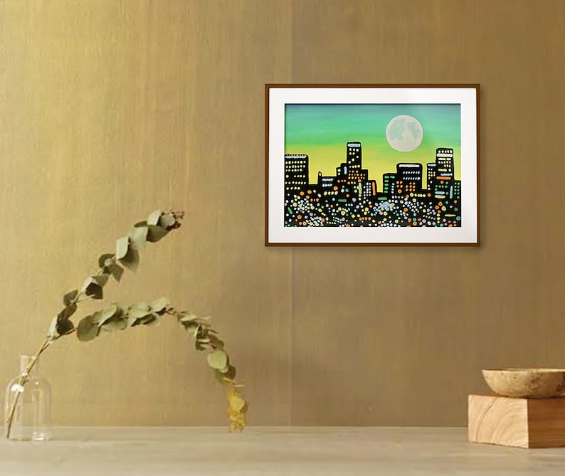 Los Angeles Skyline Painting Urban Landscape Original Art 7 x 9 pouces par NikaDemenko City Abstract Cityscape Wall Art Full Moon image 9