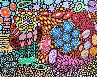 Dot Painting Pointillism Original Art 11" x 16" by NikaD Ukrainian Folk Art Floral Tropical Artwork Meadow Colorful Pop Art Boho Painting