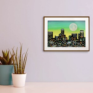 Los Angeles Skyline Painting Urban Landscape Original Art 7 x 9 pouces par NikaDemenko City Abstract Cityscape Wall Art Full Moon image 4