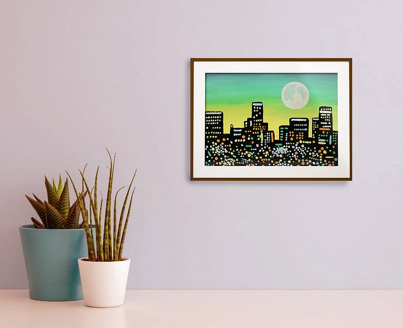 Los Angeles Skyline Painting Urban Landscape Original Art 7 x 9 pouces par NikaDemenko City Abstract Cityscape Wall Art Full Moon image 4