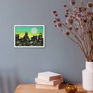 Los Angeles Skyline Painting Urban Landscape Original Art 7 x 9 pouces par NikaDemenko City Abstract Cityscape Wall Art Full Moon image 3