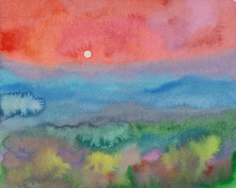 Pintura en acuarela del atardecer en Shenandoah, arte paisajístico de Virginia (8x10)