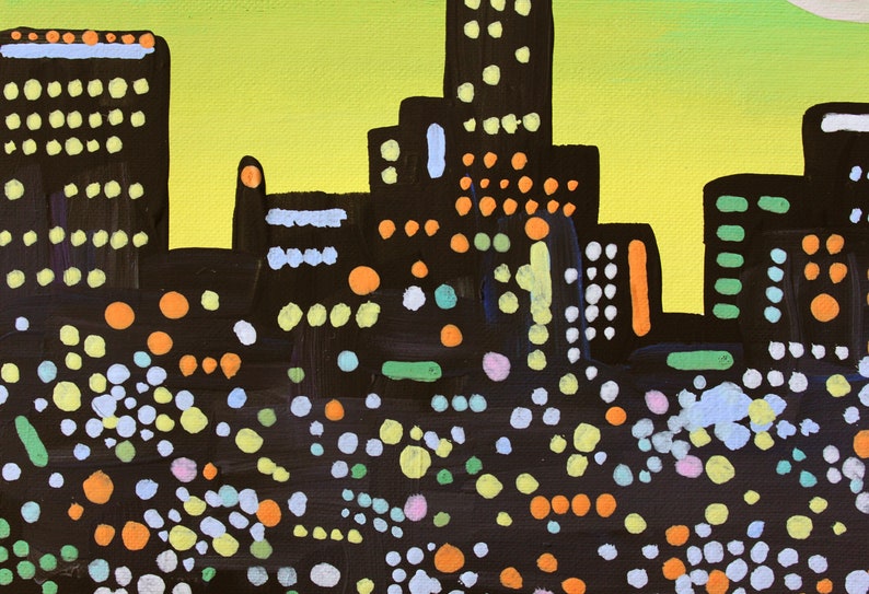 Los Angeles Skyline Painting Urban Landscape Original Art 7 x 9 pouces par NikaDemenko City Abstract Cityscape Wall Art Full Moon image 6