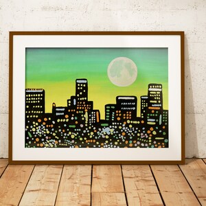 Los Angeles Skyline Painting Urban Landscape Original Art 7 x 9 pouces par NikaDemenko City Abstract Cityscape Wall Art Full Moon image 8