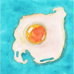 Fried Egg Painting Food Original Art 7&quot; x 7&quot; by NikaDemenko Kitchen Wall Art Small Watercolor Artwork Mini Painting