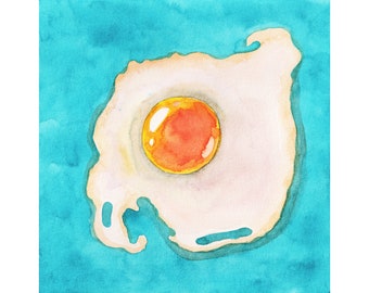 Fried Egg Painting Food Original Art 7" x 7" by NikaDemenko Kitchen Wall Art Small Watercolor Artwork Mini Painting